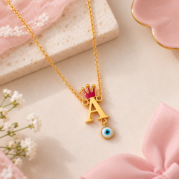 INITIAL WITH CROWN AND EVIL EYE HANGING NECKLACE