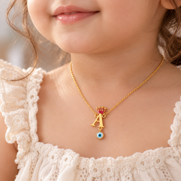INITIAL WITH CROWN AND EVIL EYE HANGING NECKLACE