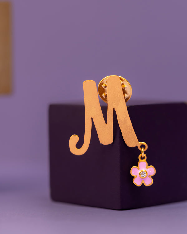 M WITH PINK FLOWER HANGING BROOCH