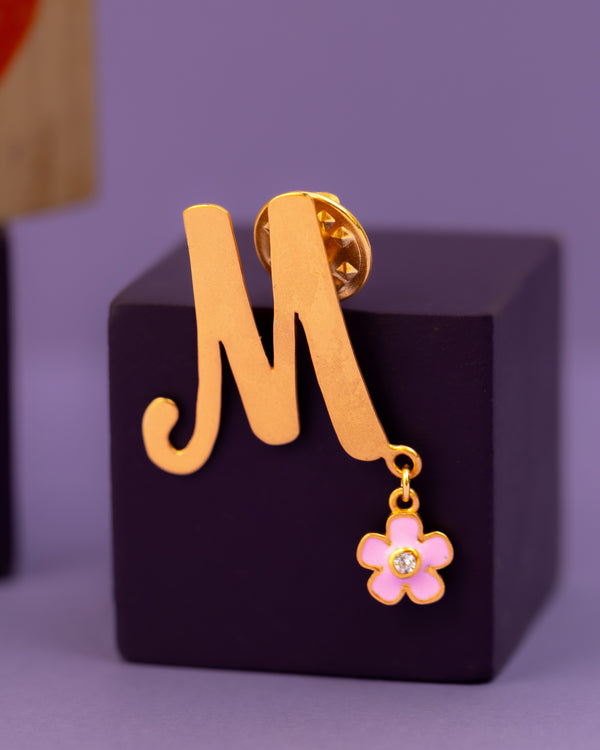 M WITH PINK FLOWER HANGING BROOCH
