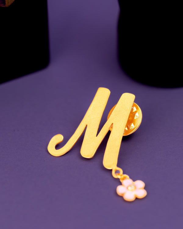 M WITH PINK FLOWER HANGING BROOCH