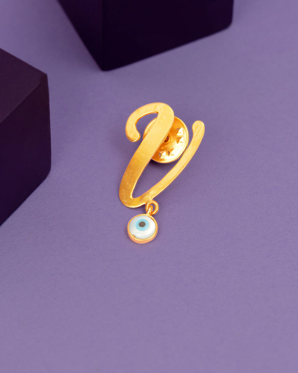 S WITH EVIL EYE HANGING BROOCH WITH GOLD POLISH