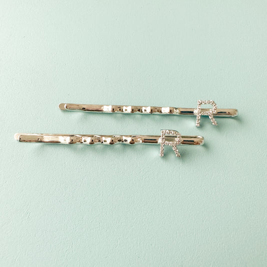 "R" INITIAL IN SILVER POLISH HAIR PINS