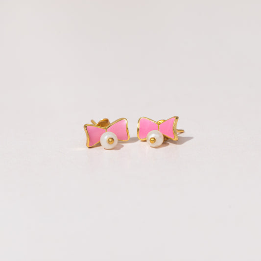 PINK BOW WITH PEARL EARRINGS