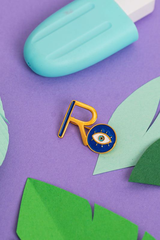 "R" WITH EVIL EYE NAME PIN
