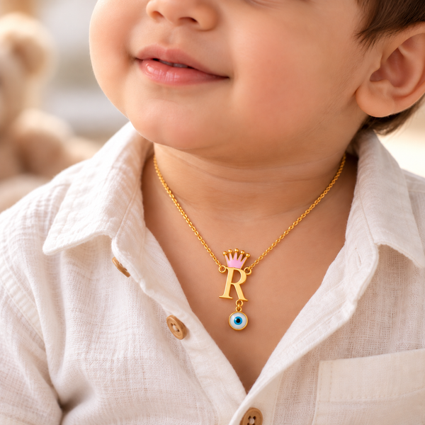 INITIAL WITH CROWN AND EVIL EYE HANGING NECKLACE